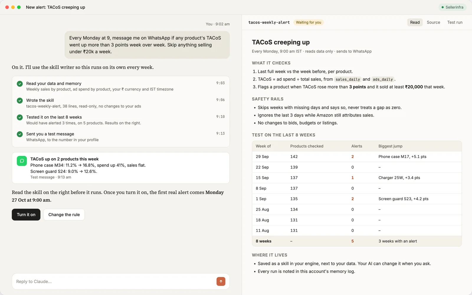 Claude writes, tests and schedules a weekly TACoS alert skill in eleven minutes, with the skill's rules and an 8-week back-test shown for review